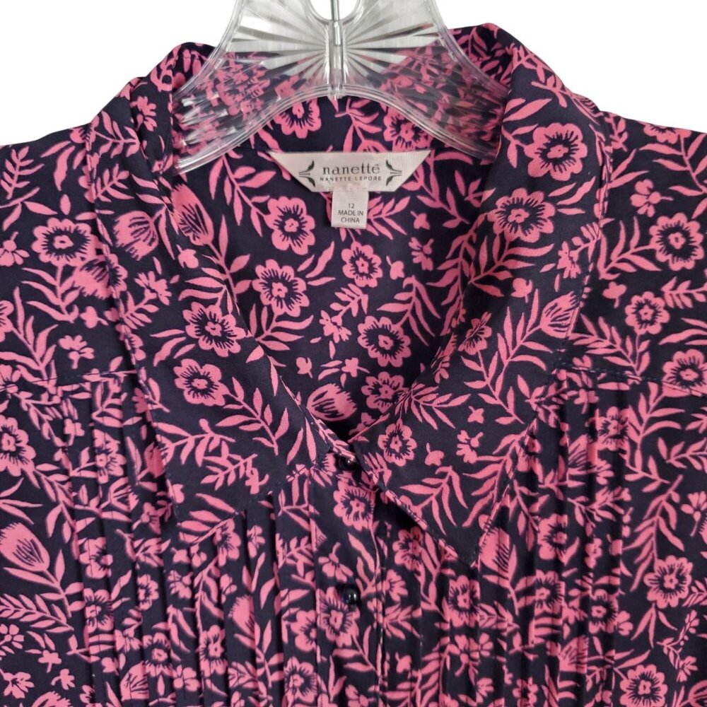 Nanette Lepore 12 Dress Floral Cottage Prairie Fit Flare Button Front Navy Pink - Picture 5 of 12